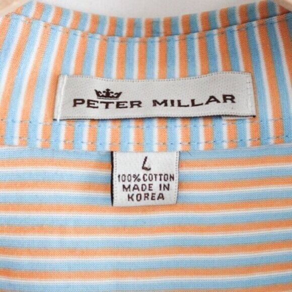 Men's Peter Millar Blue Orange White Striped Short Sleeve Cotton Golf Polo Large - Picture 4 of 4